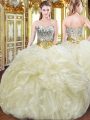 Floor Length Light Yellow Quinceanera Dress Organza Sleeveless Beading and Ruffles