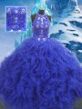 Attractive Floor Length Lace Up Sweet 16 Dresses Blue for Military Ball and Sweet 16 and Quinceanera with Beading and Ruffles
