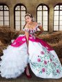 Glittering Off The Shoulder Sleeveless Quinceanera Dresses Floor Length Embroidery and Ruffled Layers Multi-color Chiffon