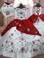 Cheap White And Red Sleeveless Floor Length Embroidery and Ruffled Layers Lace Up 15 Quinceanera Dress