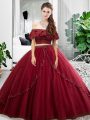 Beauteous Burgundy Lace Up Off The Shoulder Lace and Ruffles 15 Quinceanera Dress Tulle Sleeveless