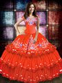 Deluxe Orange Red Off The Shoulder Lace Up Embroidery and Ruffled Layers Quinceanera Gown Sleeveless