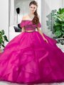 Latest Sleeveless Floor Length Lace and Ruffles Lace Up Quinceanera Gowns with Hot Pink