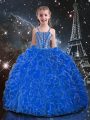 Custom Fit Blue Ball Gowns Straps Sleeveless Organza Floor Length Lace Up Beading and Ruffles Little Girls Pageant Dress Wholesale