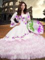 Fancy White Organza Lace Up Sweet 16 Quinceanera Dress Long Sleeves Floor Length Embroidery and Ruffled Layers