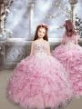 New Arrival Baby Pink Sleeveless Brush Train Beading and Ruffles Little Girl Pageant Dress
