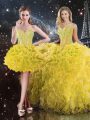 Decent Floor Length Yellow Sweet 16 Dress Organza Sleeveless Beading and Ruffles