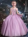 Tulle Straps Sleeveless Lace Up Beading Pageant Dress for Girls in Rose Pink