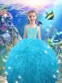 Admirable Aqua Blue Ball Gowns Straps Sleeveless Organza Floor Length Lace Up Beading and Ruffles Child Pageant Dress
