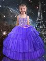 Exceptional Eggplant Purple Ball Gowns Organza Straps Sleeveless Beading and Ruffled Layers Floor Length Lace Up Pageant Dress for Girls