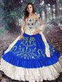 Royal Blue Sweet 16 Dresses Military Ball and Sweet 16 and Quinceanera with Embroidery and Ruffled Layers Off The Shoulder Sleeveless Lace Up