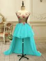 Flare Scoop Sleeveless Lace Up Evening Dress Aqua Blue Organza