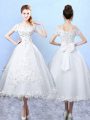 Artistic White Short Sleeves Tulle Lace Up Bridesmaid Dress for Prom and Party and Wedding Party