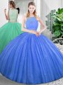 Baby Blue Organza Zipper Ball Gown Prom Dress Sleeveless Floor Length Lace and Ruching