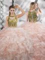 Peach Two Pieces Beading and Ruffles Quinceanera Dresses Zipper Organza Sleeveless Floor Length