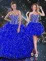 Royal Blue Ball Gowns Sweetheart Sleeveless Organza Floor Length Lace Up Beading and Ruffles Sweet 16 Dress
