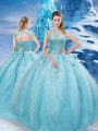 Sleeveless Tulle Brush Train Lace Up Sweet 16 Quinceanera Dress in Aqua Blue with Beading