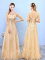 Dynamic Gold Empire Scoop Sleeveless Organza Floor Length Lace Up Beading and Appliques Bridesmaid Dresses