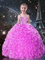 Customized Fuchsia Ball Gowns Organza Straps Sleeveless Beading and Ruffles Floor Length Lace Up Girls Pageant Dresses