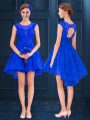 Comfortable Royal Blue Scoop Lace Up Lace and Belt Dama Dress Sleeveless