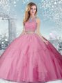 Rose Pink Ball Gowns Tulle Scoop Sleeveless Beading Floor Length Clasp Handle 15 Quinceanera Dress
