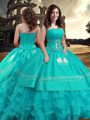 Popular Sleeveless Taffeta Floor Length Zipper Sweet 16 Dresses in Turquoise with Embroidery and Ruffled Layers