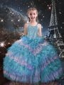 Sleeveless Organza Floor Length Lace Up Pageant Gowns For Girls in Teal with Beading and Ruffled Layers