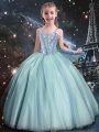 Pretty Floor Length Lace Up Kids Formal Wear Teal for Quinceanera and Wedding Party with Beading