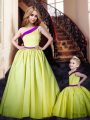 Floor Length Yellow Prom Dresses One Shoulder Sleeveless Lace Up