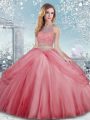 Watermelon Red Sleeveless Tulle Clasp Handle Quinceanera Dress for Military Ball and Sweet 16 and Quinceanera