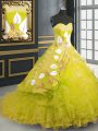 Superior Sweetheart Sleeveless Brush Train Lace Up Vestidos de Quinceanera Yellow Organza