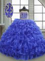 Royal Blue Organza Lace Up Ball Gown Prom Dress Sleeveless Floor Length Beading and Appliques and Ruffles
