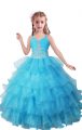 Baby Blue V-neck Zipper Beading and Ruffled Layers Little Girl Pageant Gowns Sleeveless