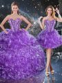 Dazzling Floor Length Lace Up Quinceanera Dress Eggplant Purple for Military Ball and Sweet 16 and Quinceanera with Beading