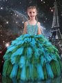 Tulle Sleeveless Floor Length Pageant Dress for Girls and Beading and Ruffles