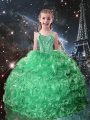 Dramatic Floor Length Lace Up Little Girls Pageant Gowns Turquoise for Quinceanera and Wedding Party with Beading and Ruffles