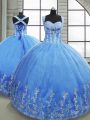 Baby Blue Tulle Lace Up Quinceanera Gowns Sleeveless Floor Length Beading and Appliques