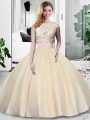 Best Selling Champagne Two Pieces Scoop Sleeveless Taffeta Floor Length Zipper Lace and Appliques and Ruching Vestidos de Quinceanera