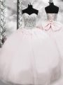 Sweet Pink Sleeveless Tulle Brush Train Lace Up Quinceanera Gowns for Military Ball and Sweet 16 and Quinceanera