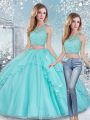 Custom Designed Aqua Blue Tulle Clasp Handle Scoop Sleeveless Floor Length Quinceanera Gowns Beading and Lace and Sashes ribbons