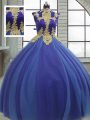 Trendy Royal Blue Sleeveless Tulle Lace Up Quince Ball Gowns for Military Ball and Sweet 16 and Quinceanera