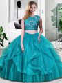 Sleeveless Floor Length Lace and Embroidery and Ruffles Zipper Sweet 16 Dresses with Teal