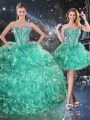 Top Selling Turquoise Three Pieces Beading and Ruffles Quinceanera Gowns Lace Up Organza Sleeveless Floor Length
