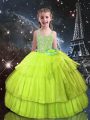 Traditional Yellow Green Tulle Lace Up Straps Sleeveless Floor Length Little Girl Pageant Gowns Beading and Ruffled Layers
