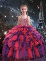 Coral Red Sleeveless Floor Length Beading and Ruffles Lace Up Kids Formal Wear