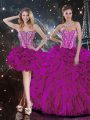 Hot Sale Fuchsia Lace Up Sweetheart Beading and Ruffles Quinceanera Dress Organza Sleeveless