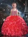 Floor Length Coral Red Little Girls Pageant Dress Wholesale Organza Sleeveless Beading and Ruffles