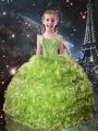 Trendy Olive Green Organza Lace Up Straps Sleeveless Floor Length Little Girls Pageant Dress Wholesale Beading and Ruffles