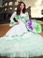 Chic White 15th Birthday Dress Military Ball and Sweet 16 and Quinceanera with Embroidery and Ruffled Layers Square Long Sleeves Lace Up