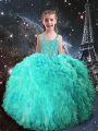 Floor Length Lace Up Kids Formal Wear Turquoise for Quinceanera and Wedding Party with Beading and Ruffles